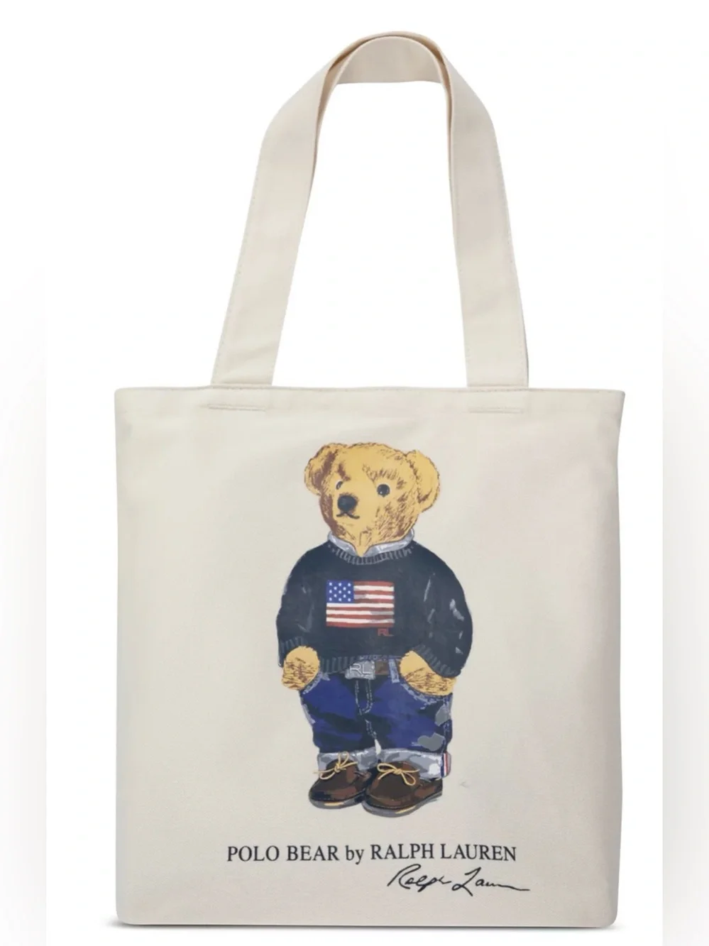 Polo Ralph Lauren Natural FLAG SWEATER BEAR 13.0” Canvas Zip Top Tote Bag